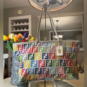 *WITH COA* Multicolor Fendi Tote Bag On Ivory Canvas And Leather